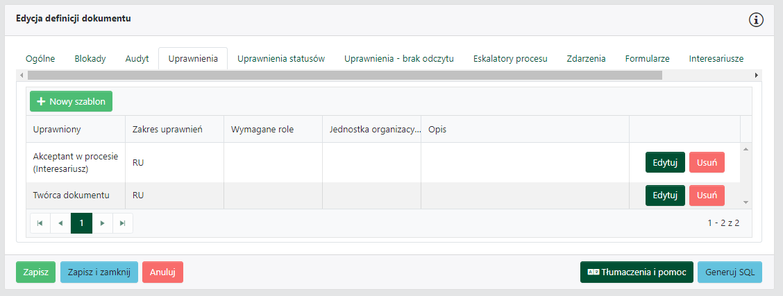 Karta Uprawnienia, widoczna zakładka Uprawnienia statusów