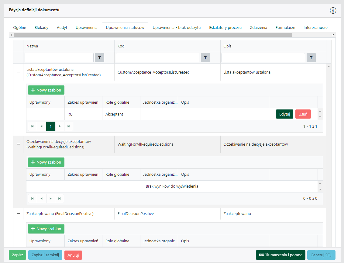 Karta Uprawnienia statusów