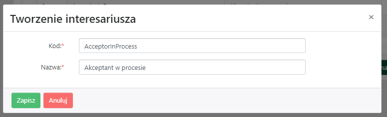 Okno Tworzenie interesariusza