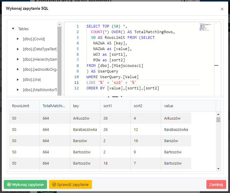 Podgląd ustawień sortowania dla asynchronicznej listy wyboru