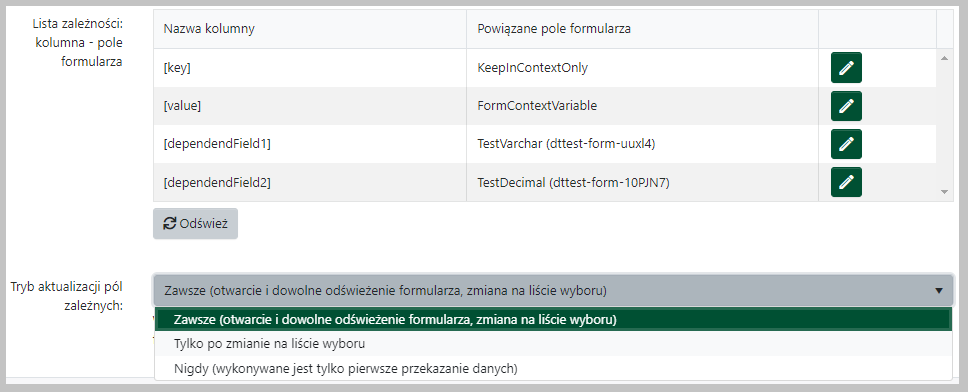Tryb aktualizacji pól zależnych