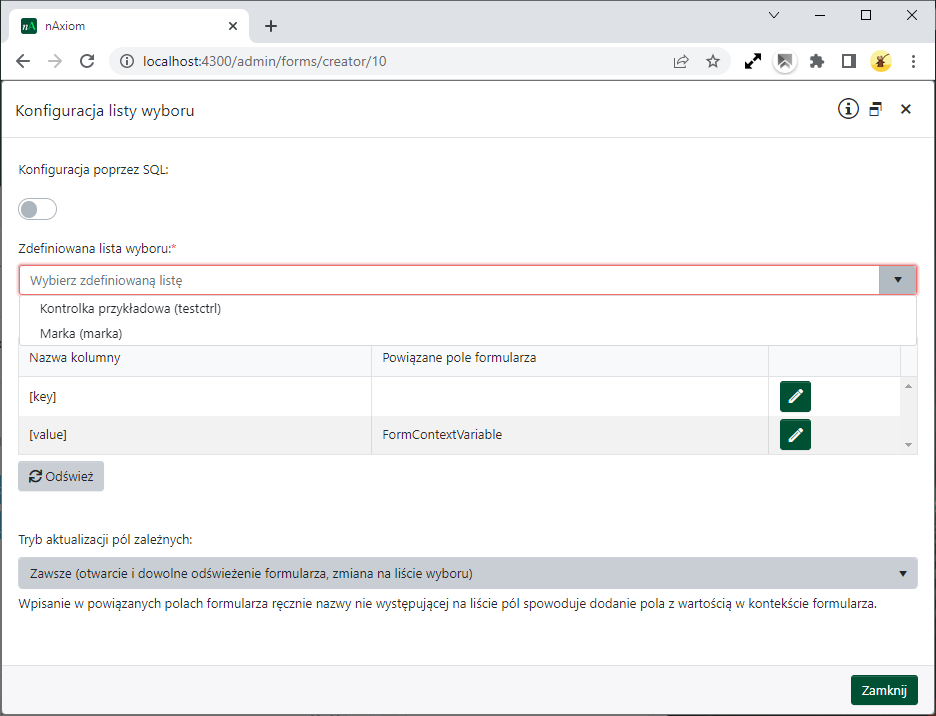 Wybór predefiniowanej kontrolki