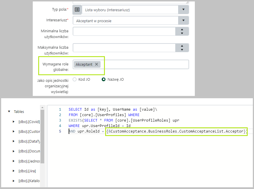 Użycie smart numbers w konfiguracji listy wyboru interesariuszy