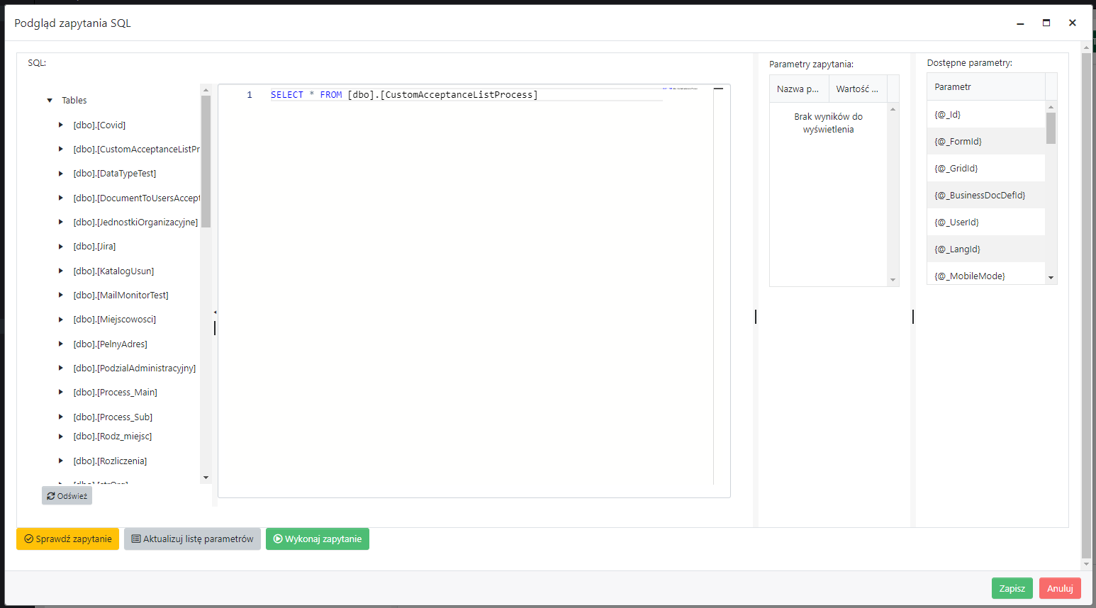 Okno dialogowe <code>Podgląd zapytania SQL</code>
