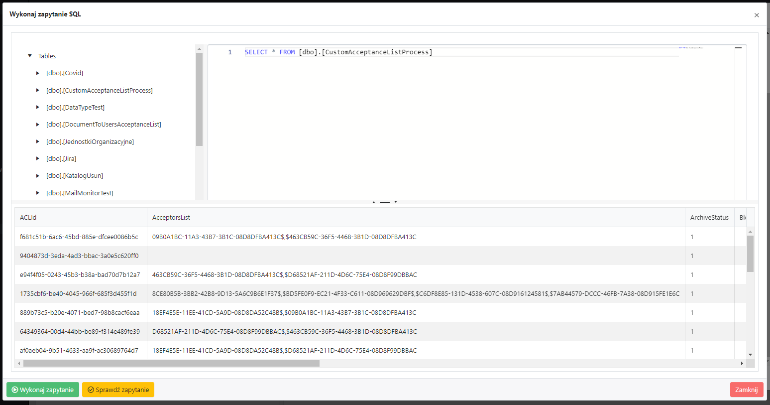 Okno dialogowe <code>Wykonaj zapytanie SQL</code>