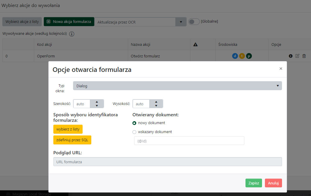 Opcje otwierania formularza