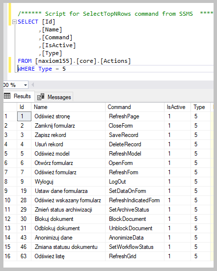 Akcje systemowe w tabeli <i>core.Actions</i>