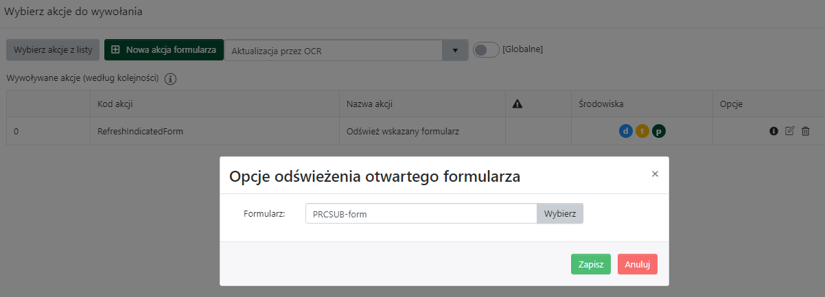 Opcje odświeżania otwartego formularza