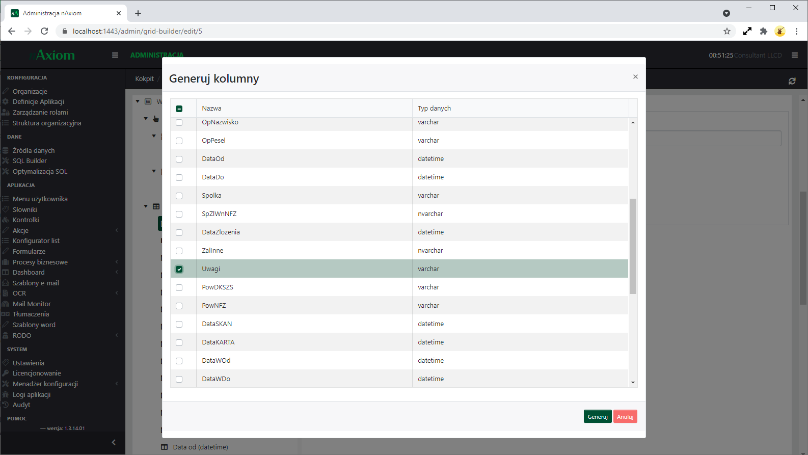 Okno dialogowe <code>Generuj kolumny</code>.