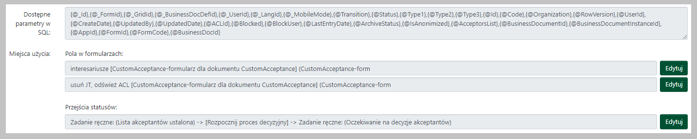 Informacje o dostępnych parametrach i miejscach użycia akcji