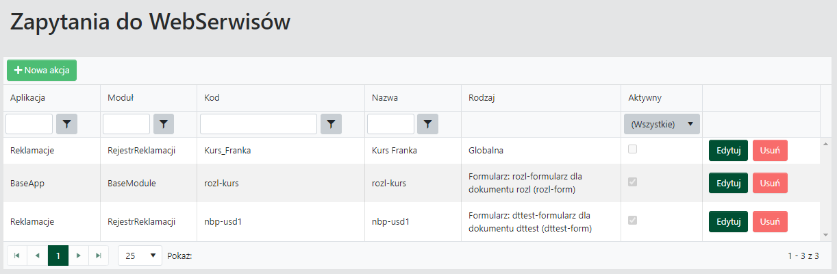 Przykład listy akcji Zapytania do Webserwisów
