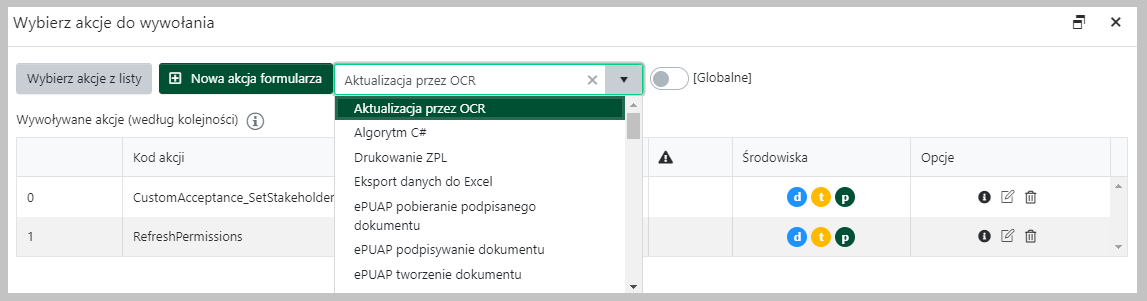 Okno wyboru akcji we właściwościach przycisku formularza