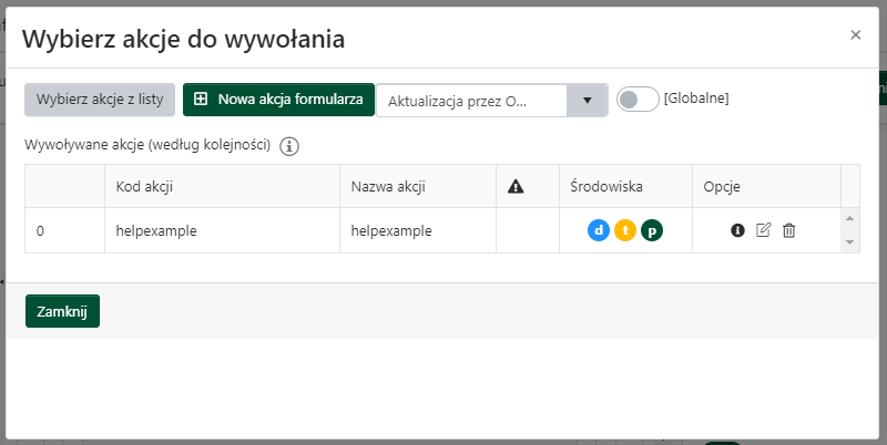 Wybierz akcje do wywołania