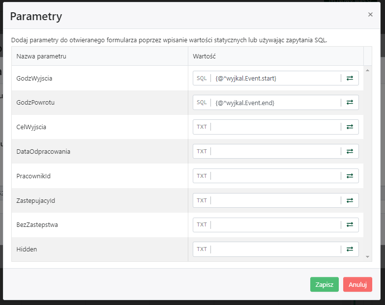 Przekazywanie parametrów z kalendarza do formularza zdarzenia