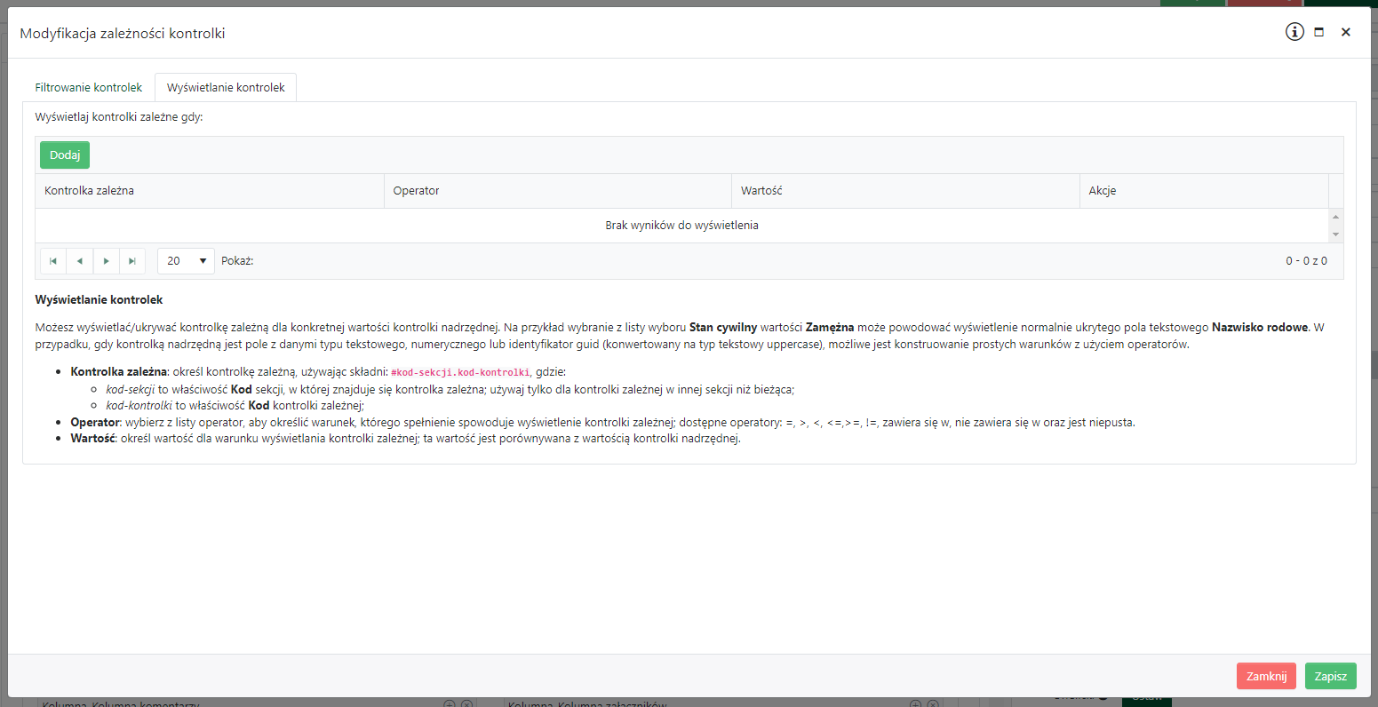 Karta Wyświetlanie kontrolek