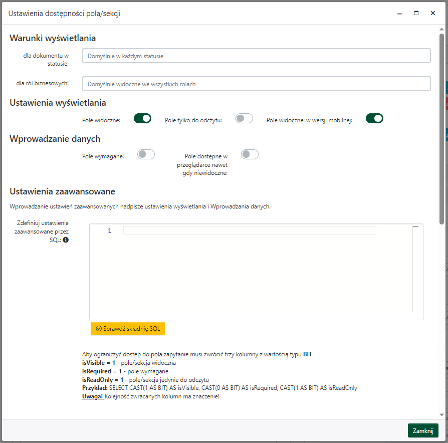 Ustawienia dostępności pola/sekcji