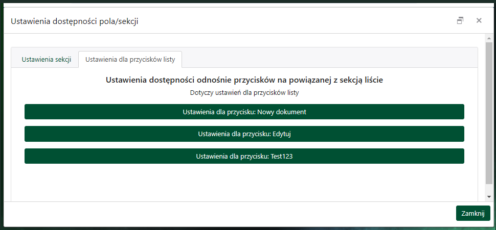 Ustawienia dostępności przycisków listy (dla sekcji typu lista)