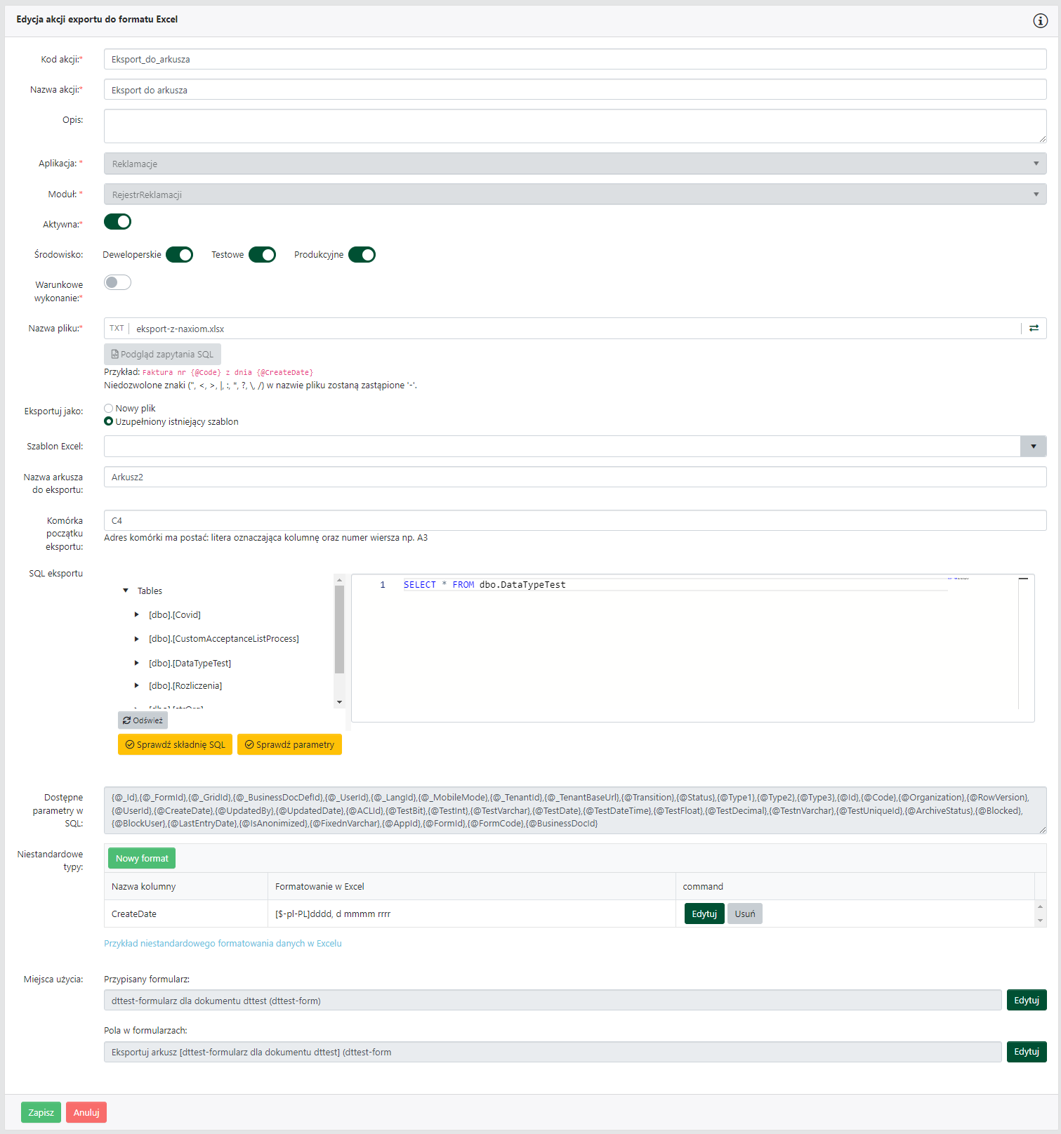 Akcja eksportu do pliku Excel