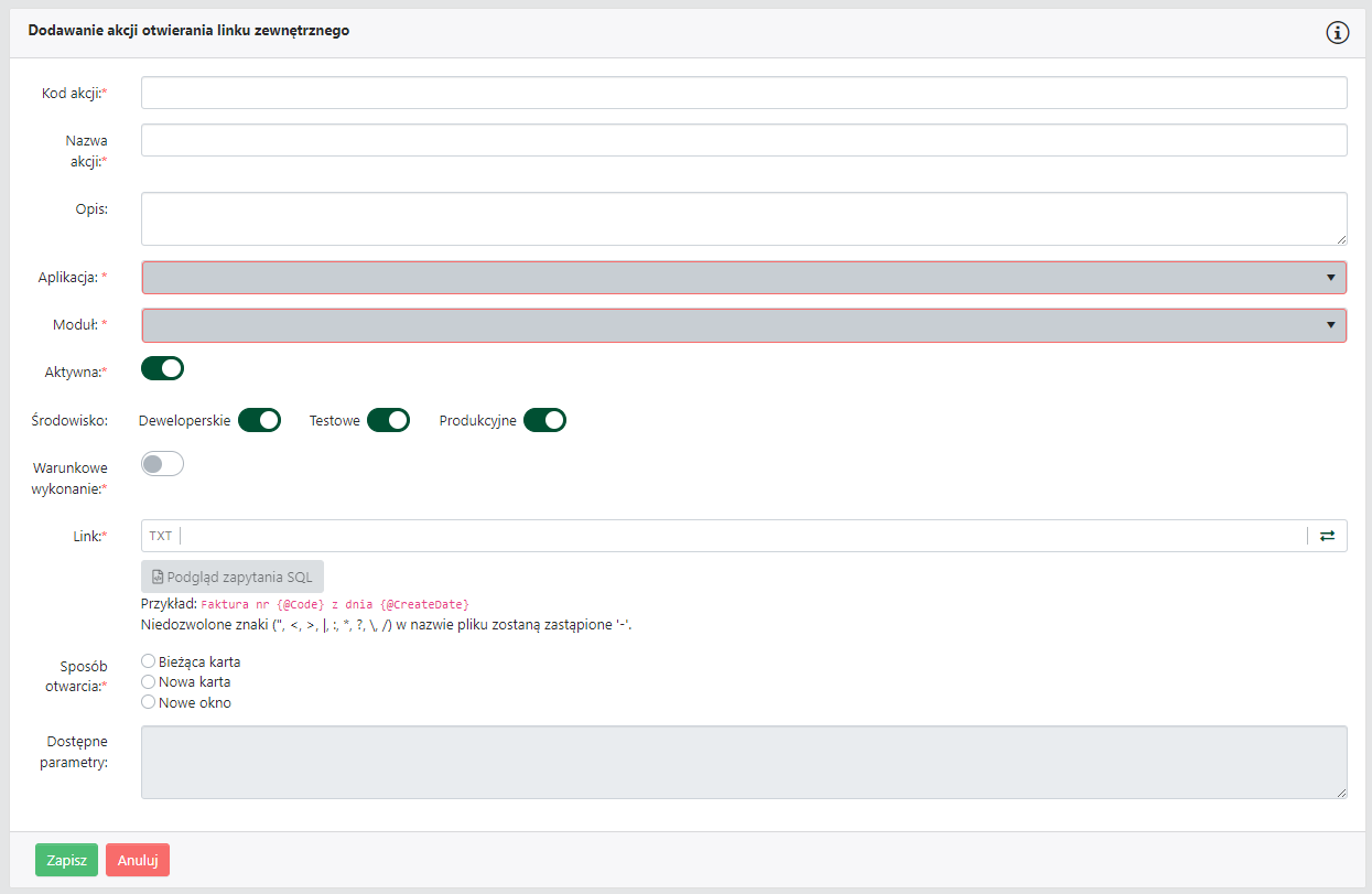 Akcja otwierania linku zewnętrznego