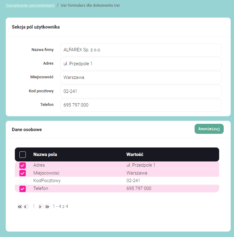 Sekcja danych RODO na formularzu