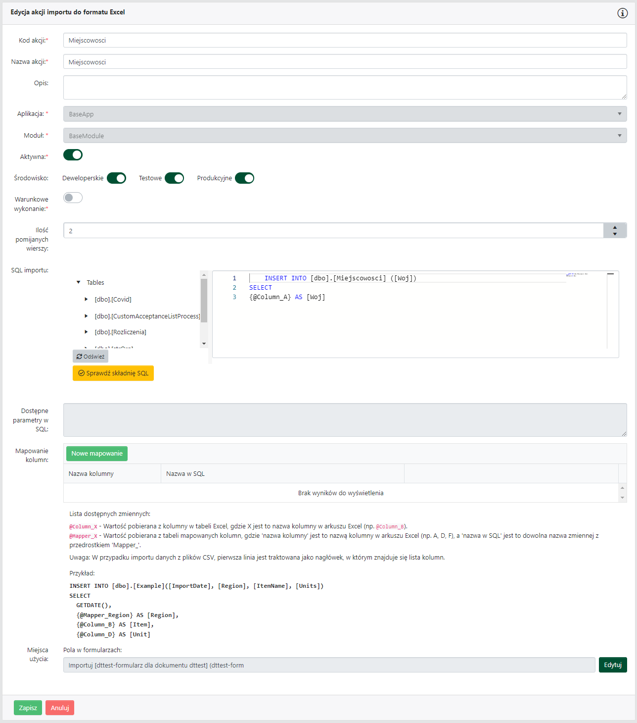 Definiowanie akcji importu