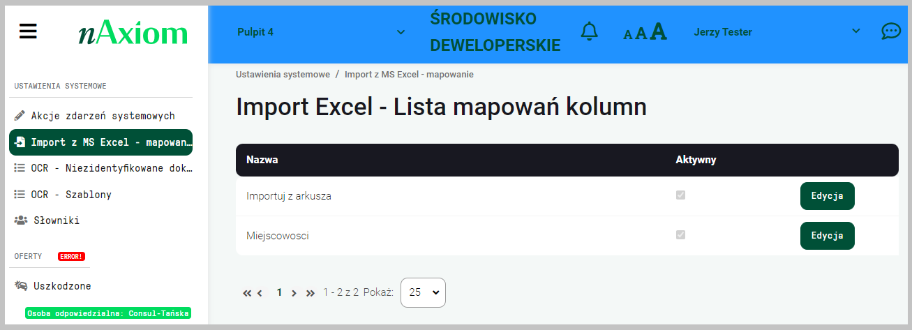 FrontSPA: Import Excel - Lista mapowań kolumn