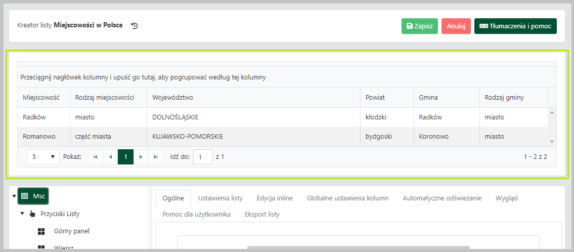 Okno <code>Kreator listy</code>, panel podglądu listy.