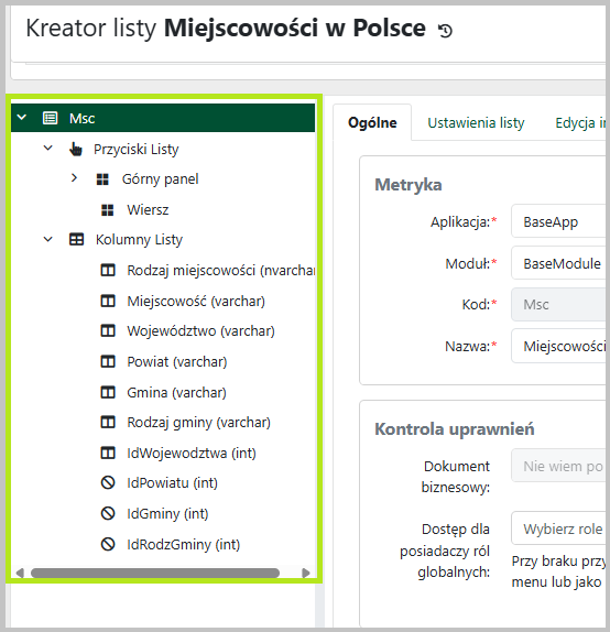 Okno <code>Kreator listy</code>, panel elementów listy.