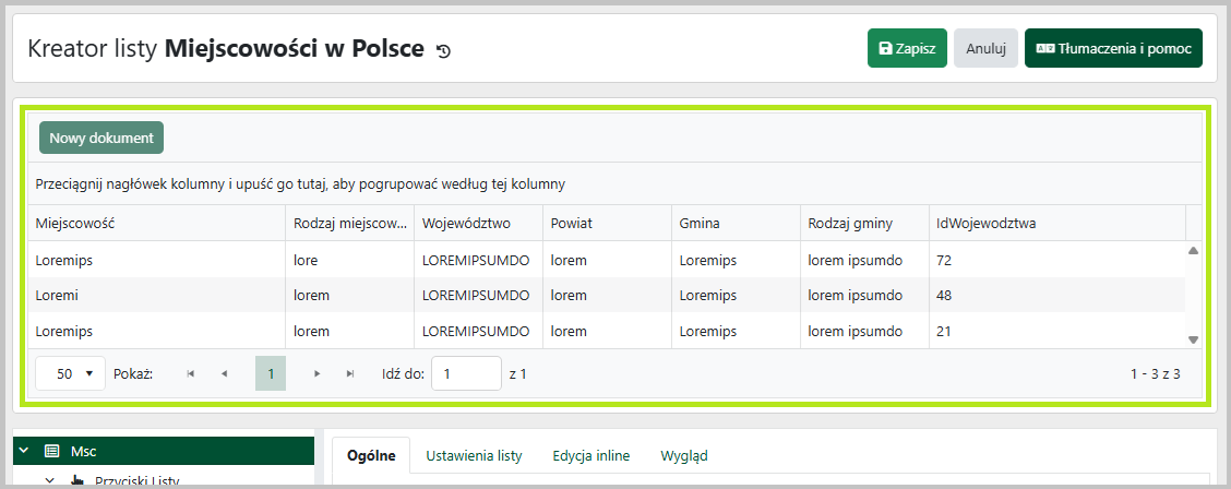 Okno <code>Kreator listy</code>, panel podglądu listy.