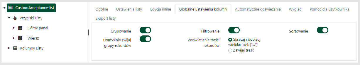 Właściwości listy, karta <code>Globalne ustawienia kolumn</code>.