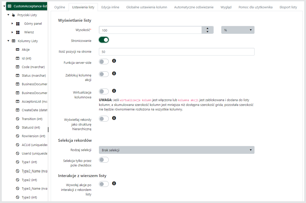 Właściwości listy, karta <code>Ustawienia listy</code>.