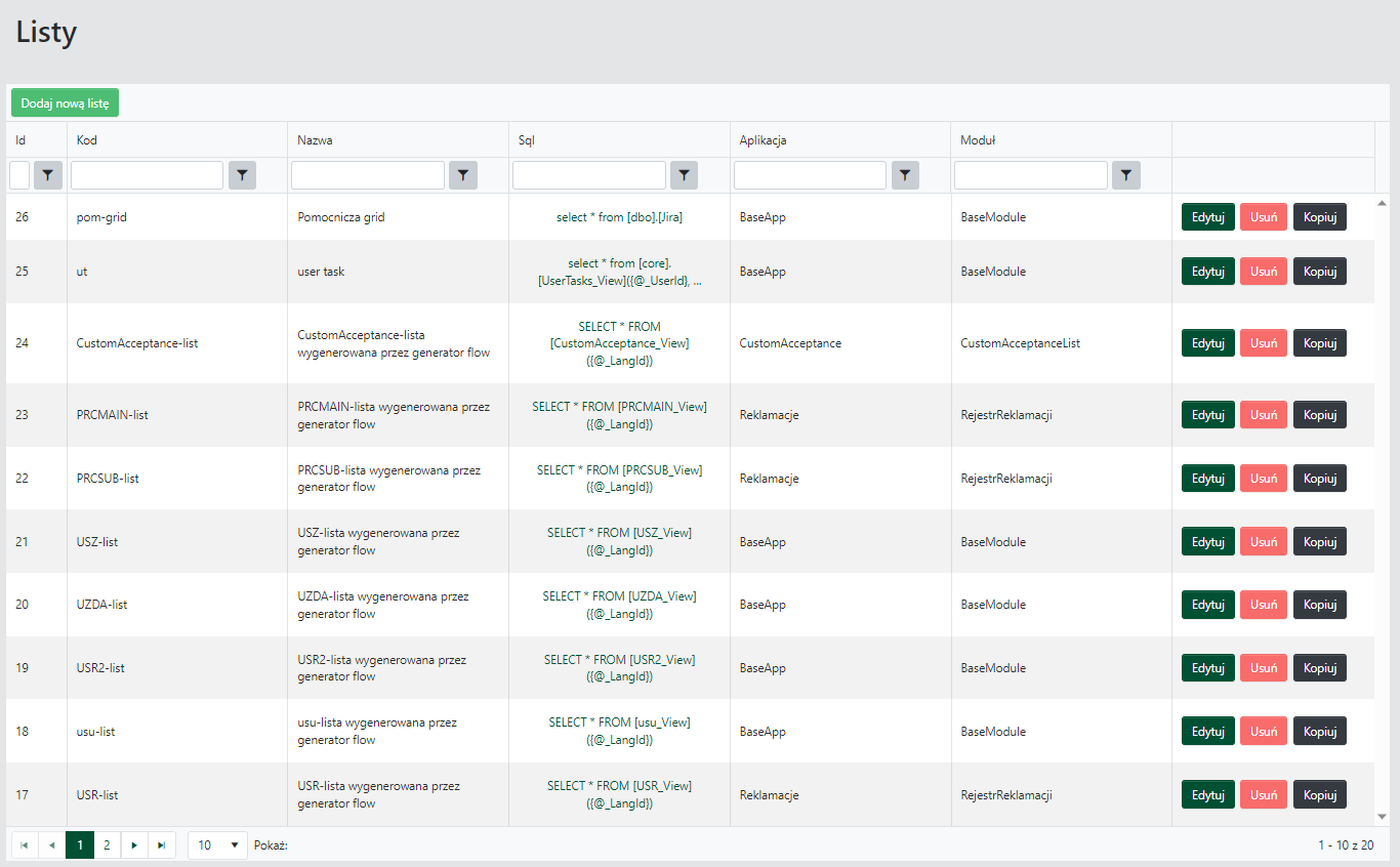 Okno <code>Listy</code>