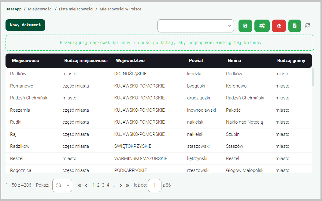 Przykładowy widok listy w aplikacji FrontSPA