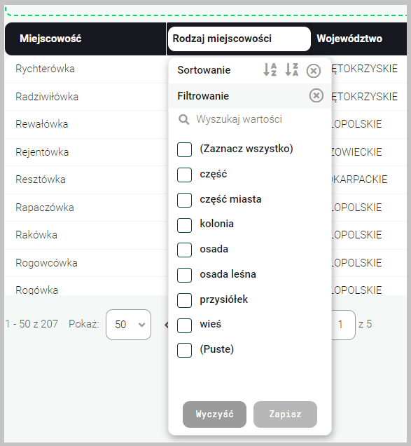 Panel filtrowania/sortowania