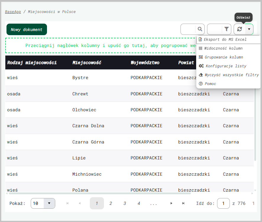 Przykładowy widok listy w aplikacji FrontSPA
