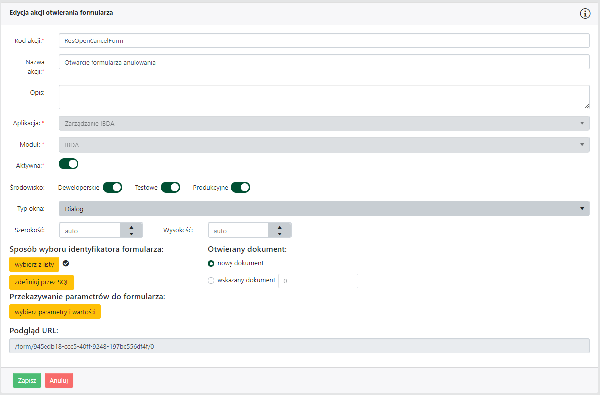 Akcja otwierania formularza