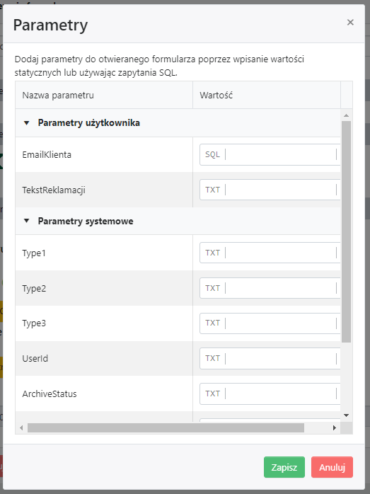 Parametry akcji  otwierania formularza
