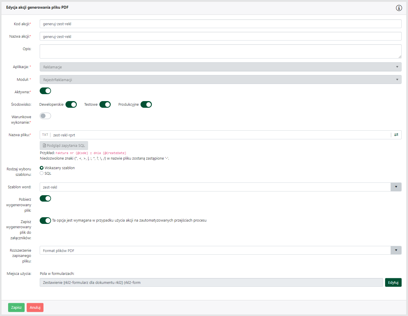 Przykładowa akcja generowania pliku PDF