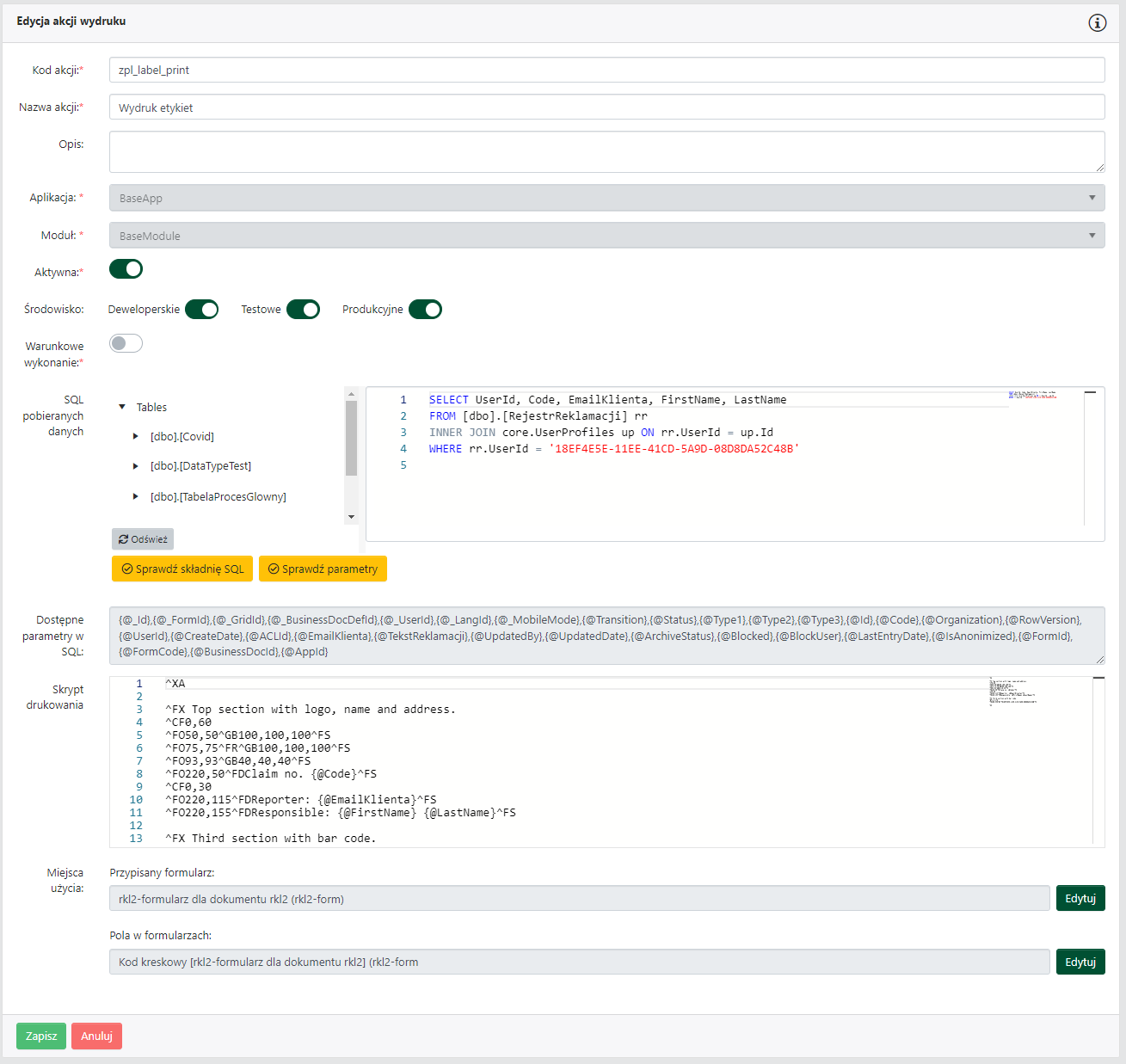 Edycja akcji wydruku