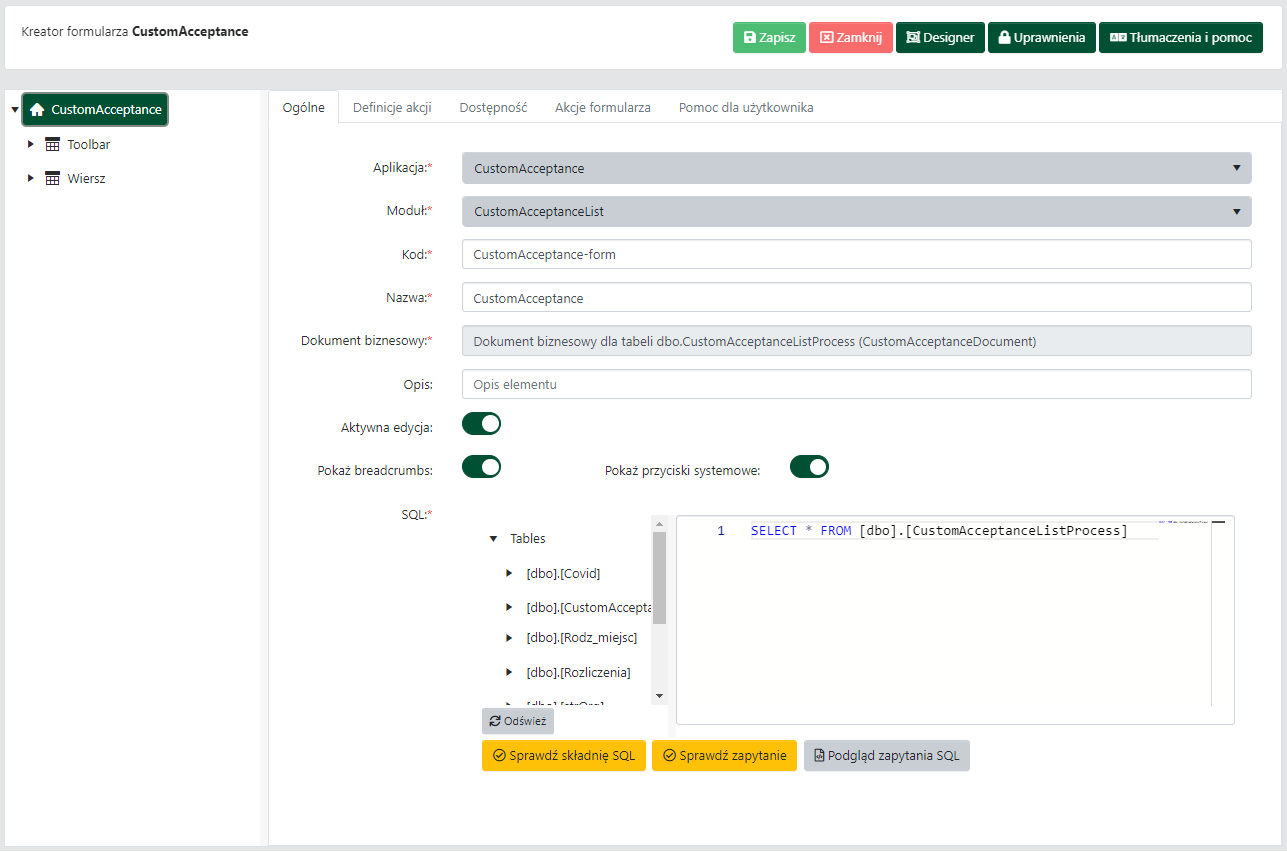 Właściwości formularza — karta <code>Ogólne</code>