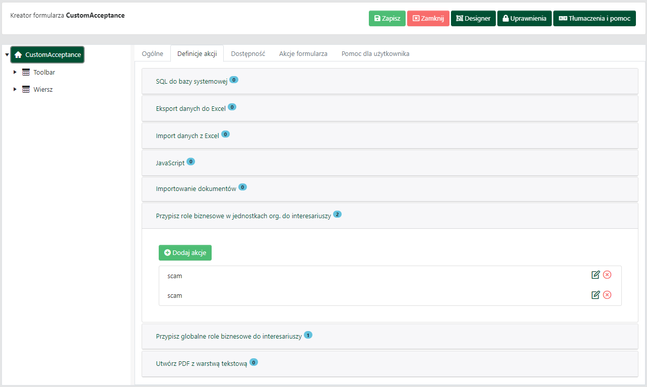 Właściwości formularza — karta <code>Definicje akcji</code>