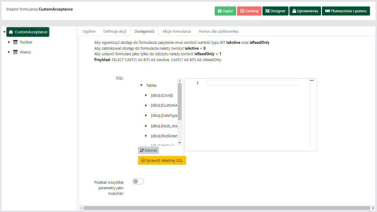 Właściwości formularza — karta <code>Dostępność</code>