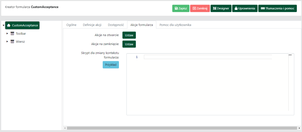 Właściwości formularza — karta <code>Akcje formularza</code>