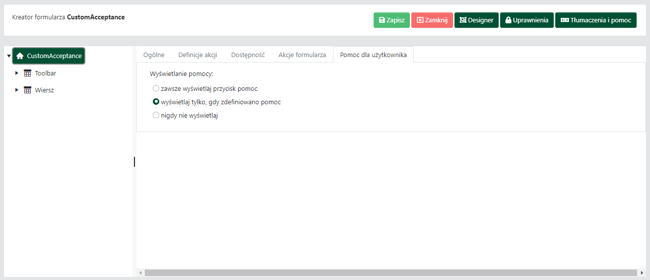 Właściwości formularza — karta <code>Pomoc dla użytkownika</code>