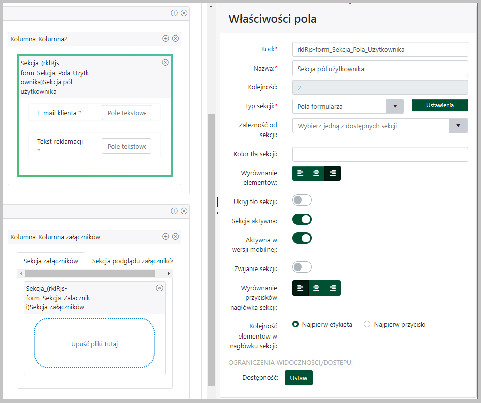 Właściwości sekcji formularza w trybie designera