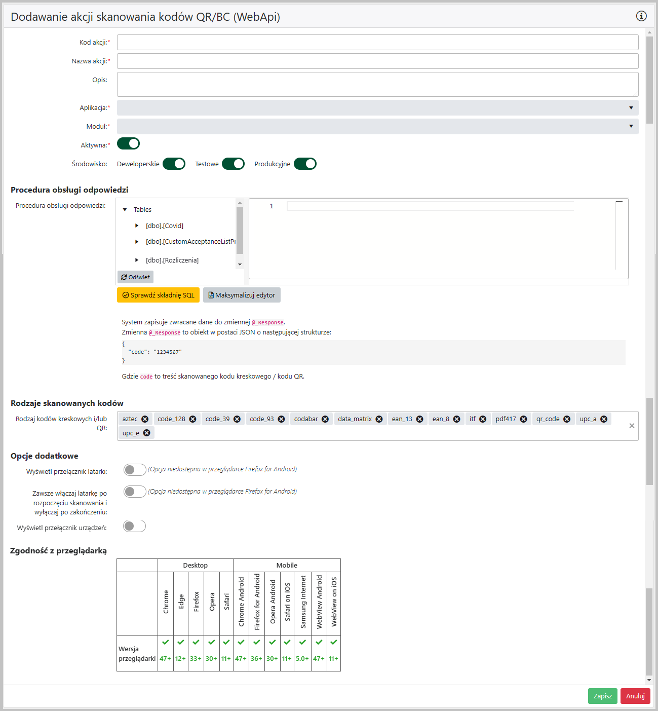 Akcja skanowania kodów QR/BC