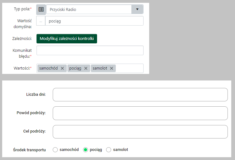 Konfiguracja i podgląd kontrolki przyciski radiobox