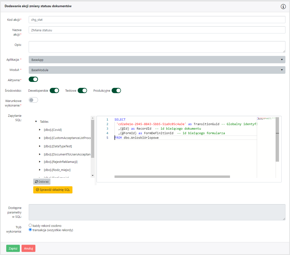 Akcja zmiany statusu dokumentów