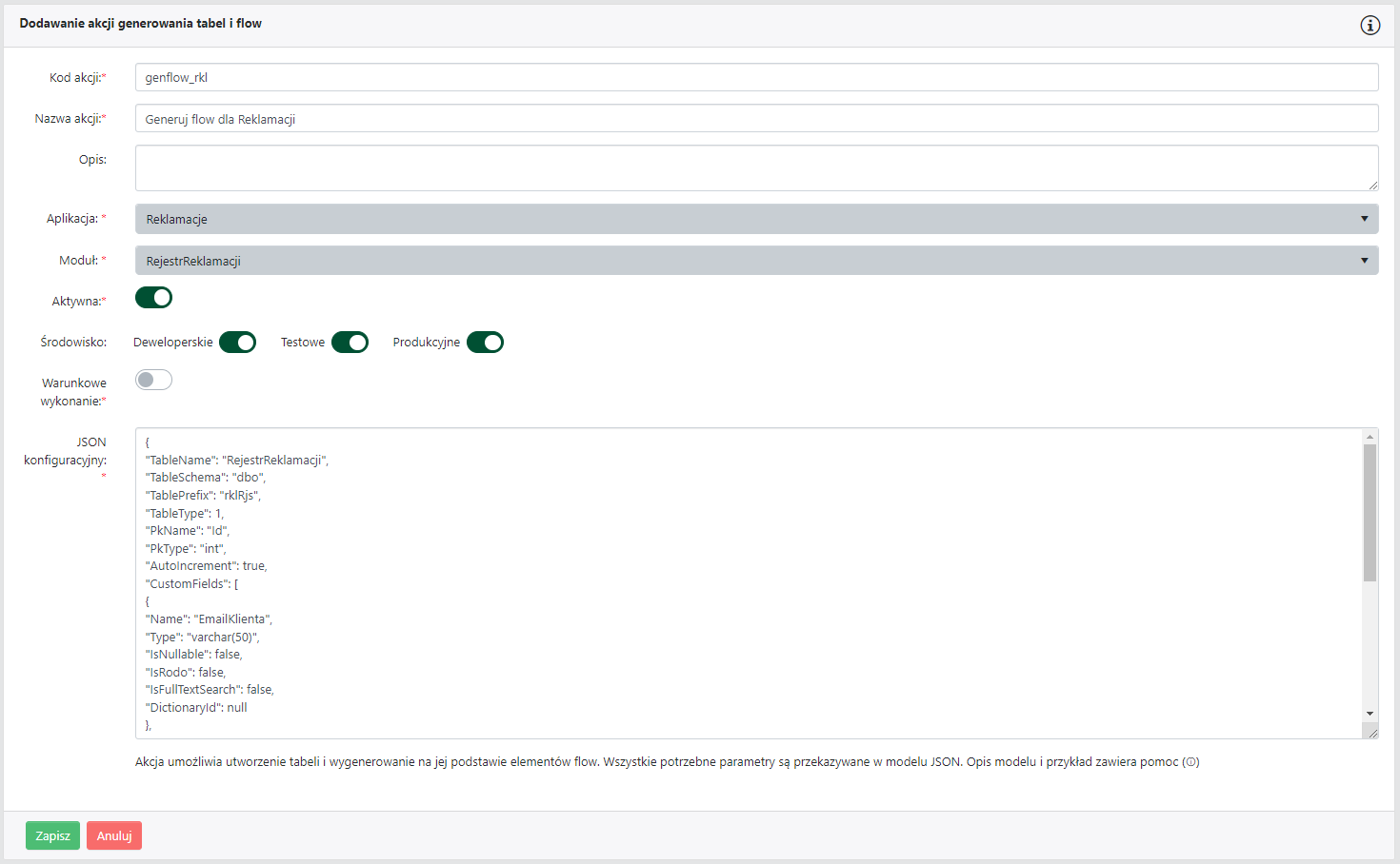Akcja generowania elementów aplikacji