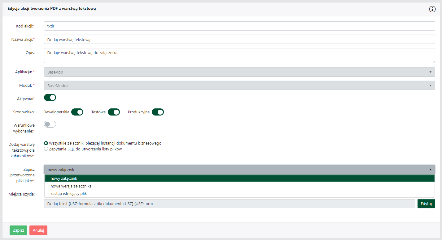 Akcja Utwórz PDF z warstwą tekstową